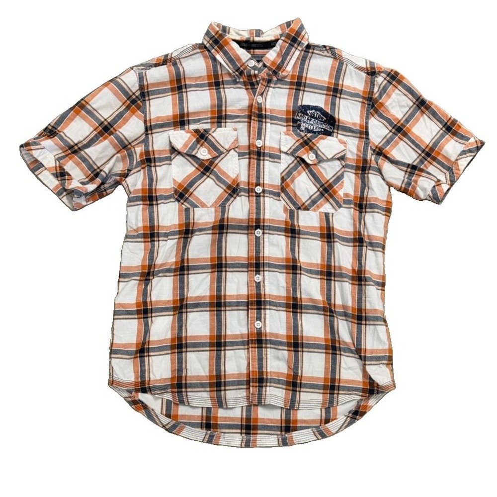 Harley Davidson Men's Large Plaid Button Shirt Orange White Motorcycle Biker